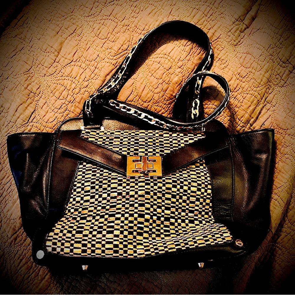 RARE Elaine Turner Purse, Tweed Black Leather Shoulder Hand Bag w/ Red Lining